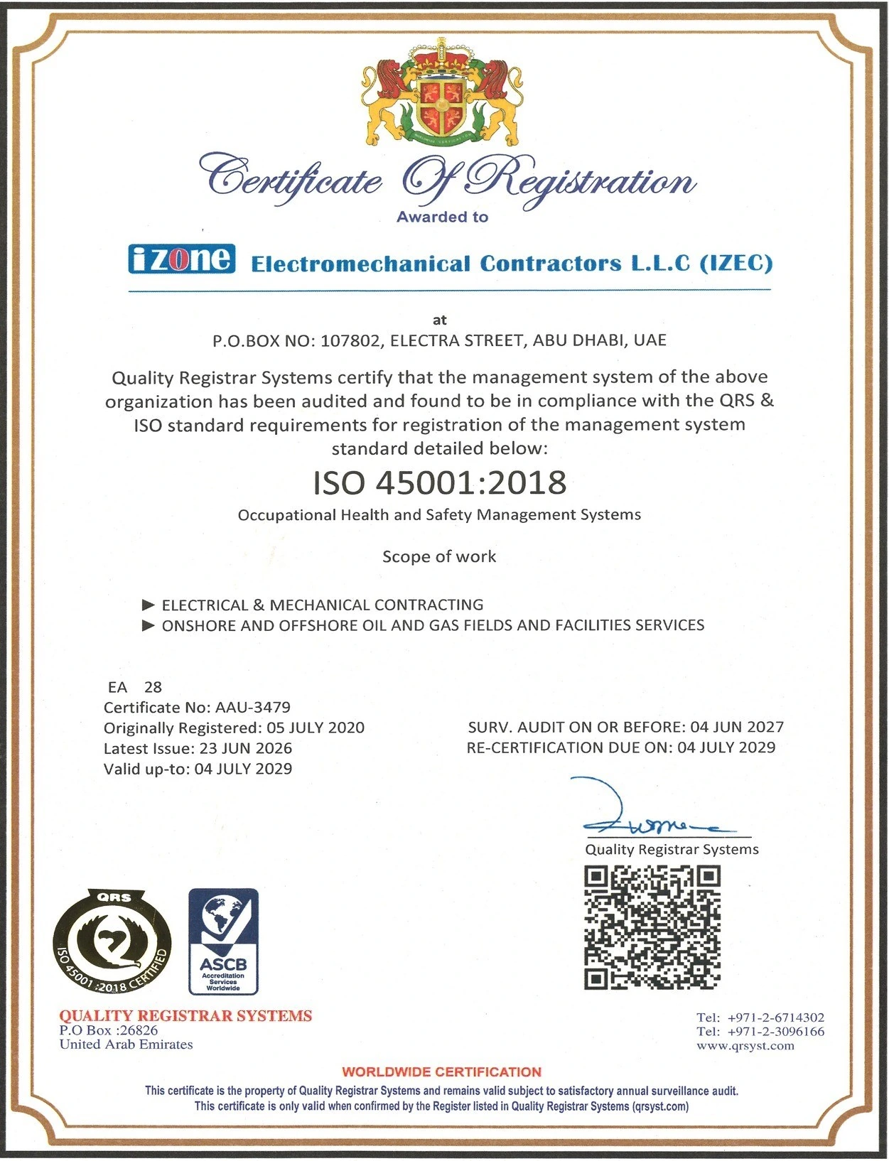 IZEC accreditation / certificate