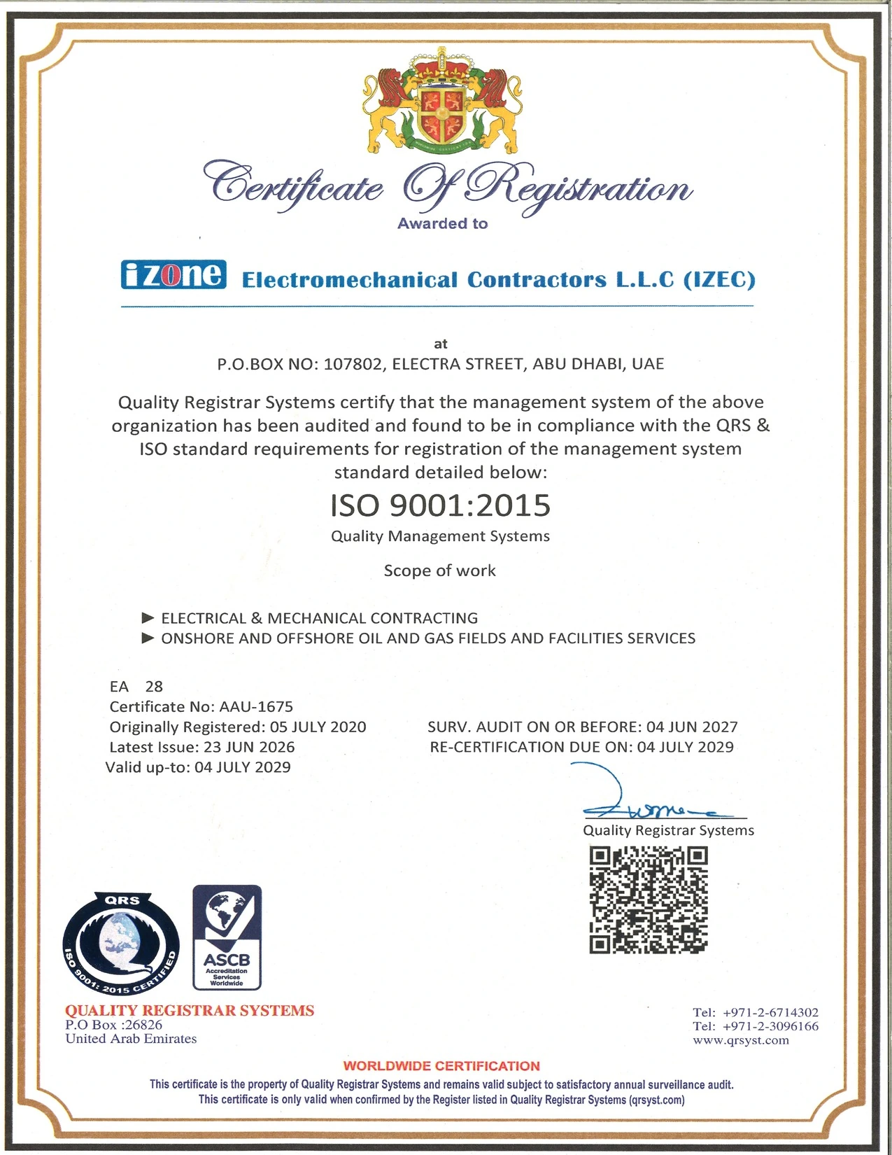 IZEC accreditation / certificate