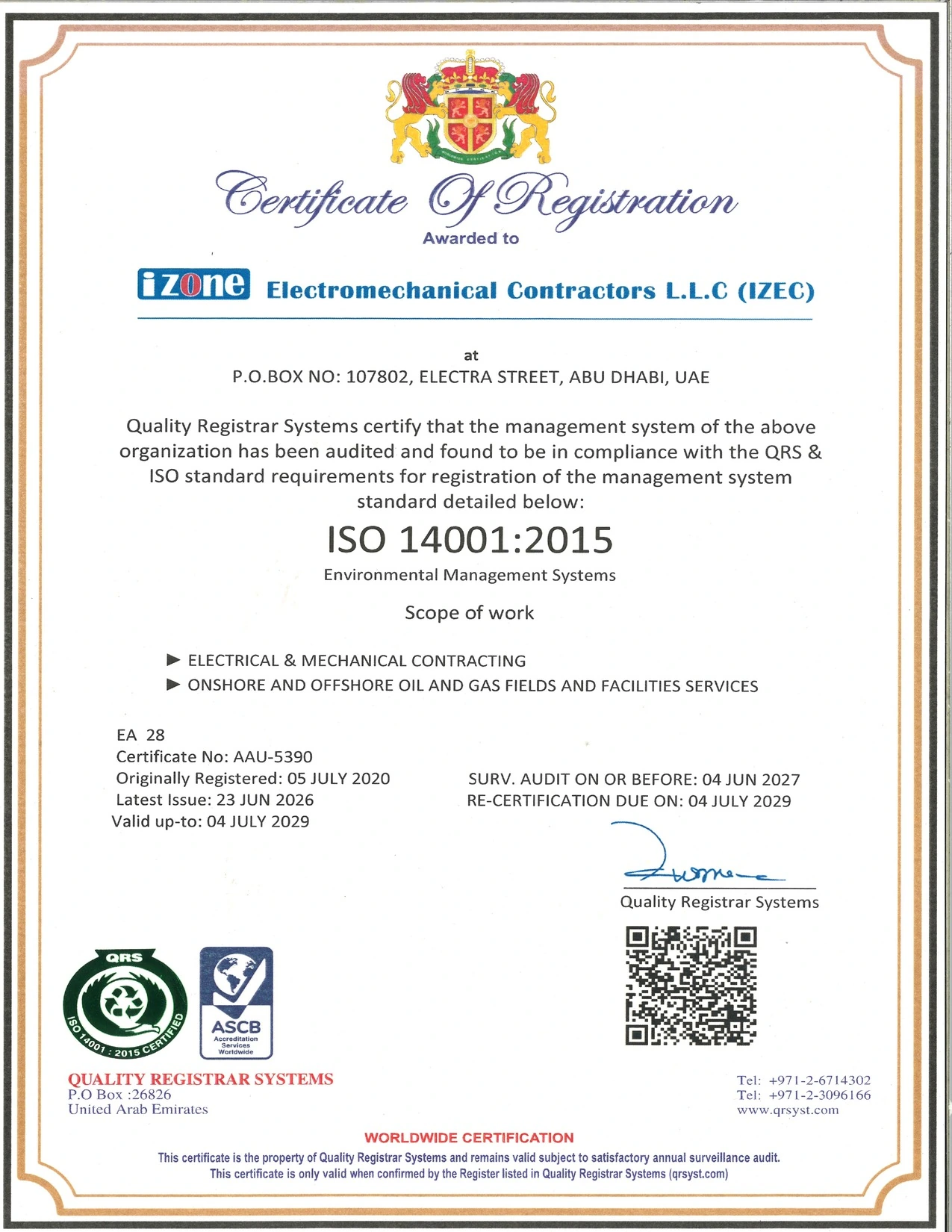 IZEC accreditation / certificate